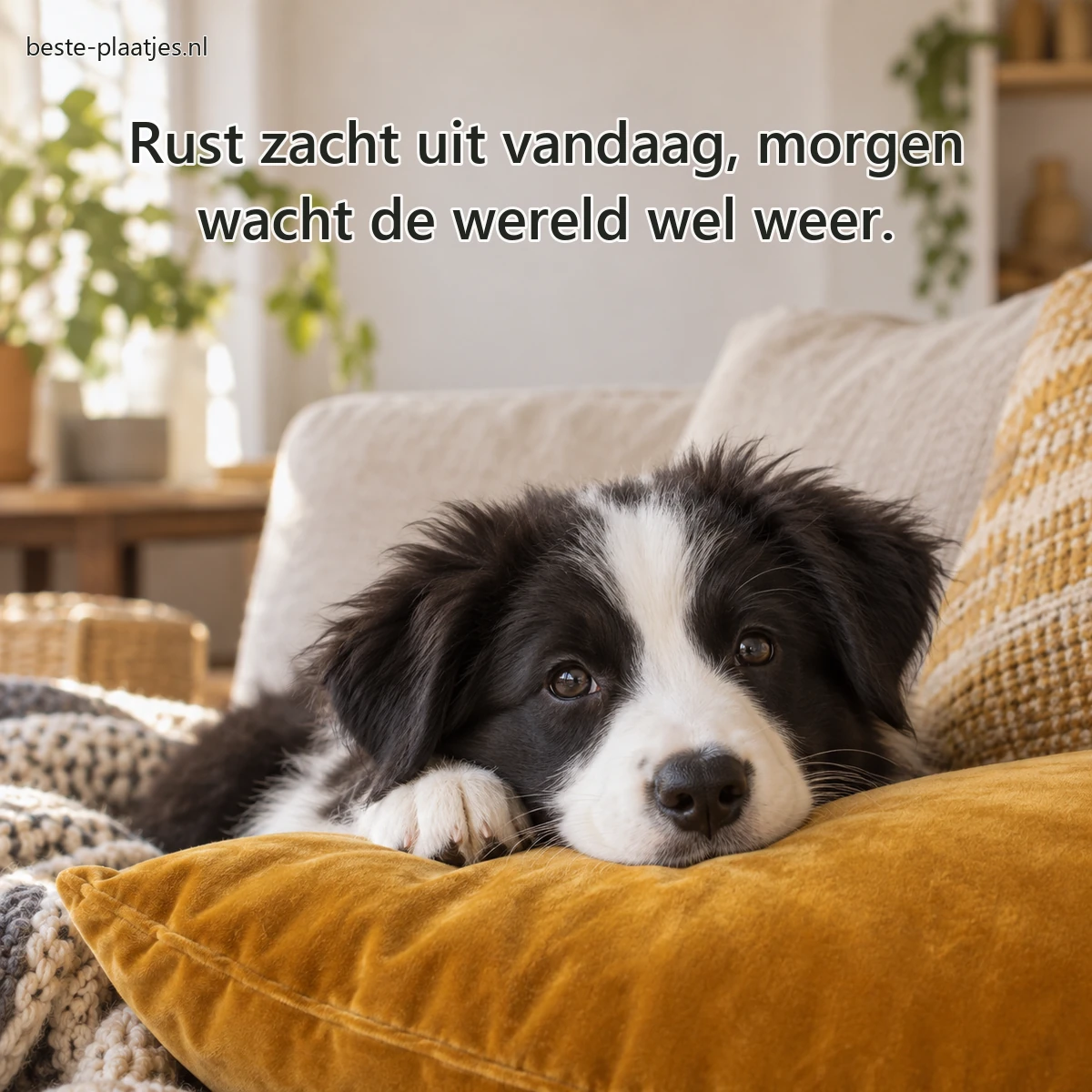 Een bordercolliepup rust met zijn kin op een fluwelen okerkleurig kussen.