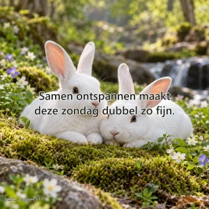 Twee witte konijnen liggen zij aan zij op een zacht mosveld.