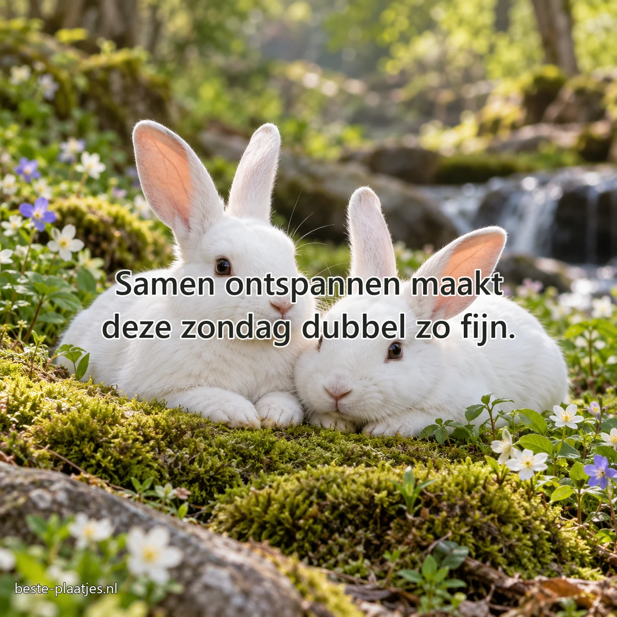 Twee witte konijnen liggen zij aan zij op een zacht mosveld.