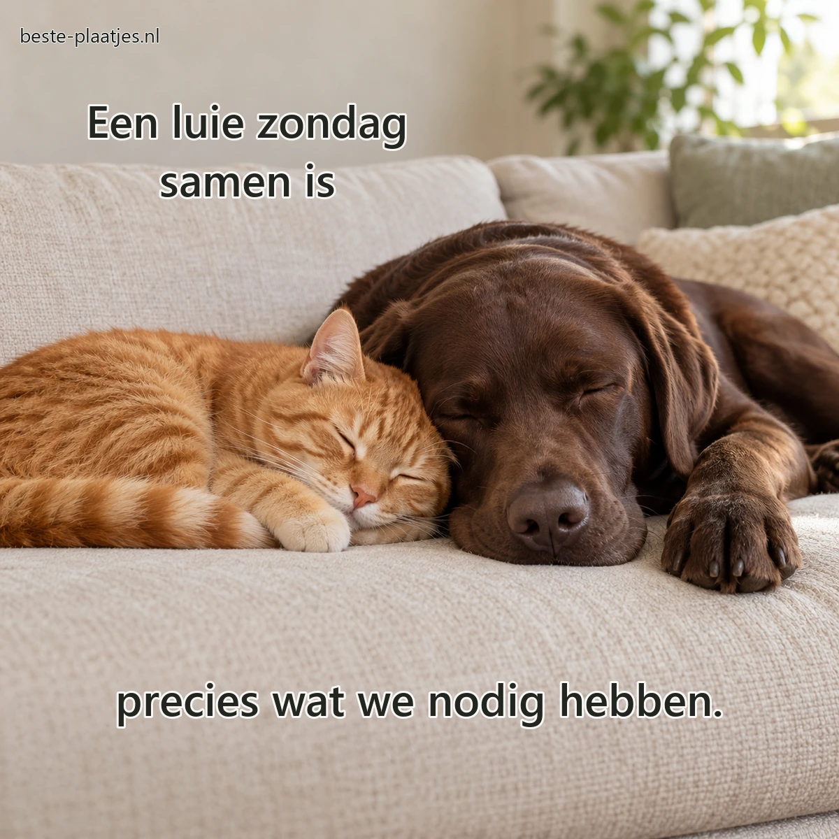 Een chocoladebruine labrador en rosse kat slapen met de koppen tegen elkaar.