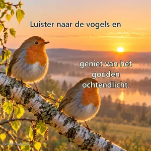 Twee roodborstjes zitten op een berkentak tegen een warme zonsopkomst.