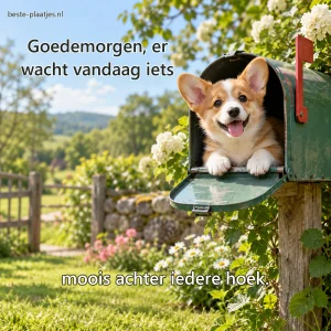Een vrolijke corgipup kijkt uit een groene landelijke brievenbus.