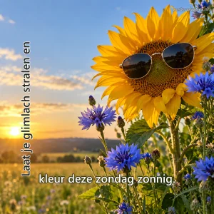 Een echte zonnebloem draagt een kleine zonnebril tussen blauwe korenbloemen.
