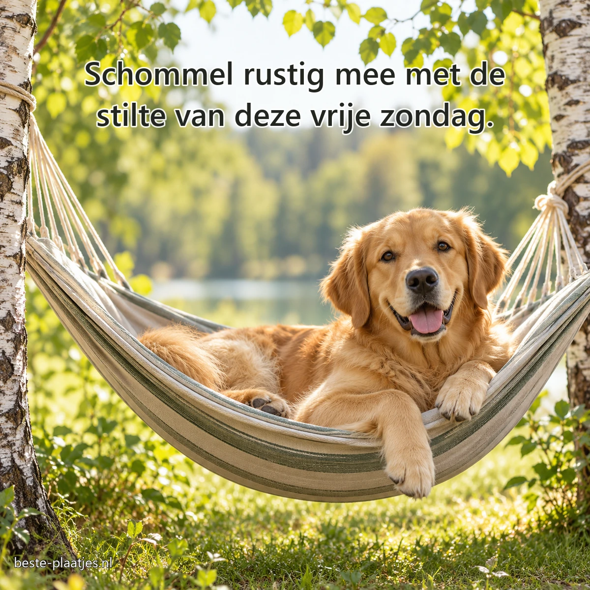 Een jonge retriever ligt in een stoffen hangmat tussen berkenbomen.