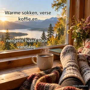Voeten in wollen sokken rusten bij een mok koffie op een houten vensterbank.