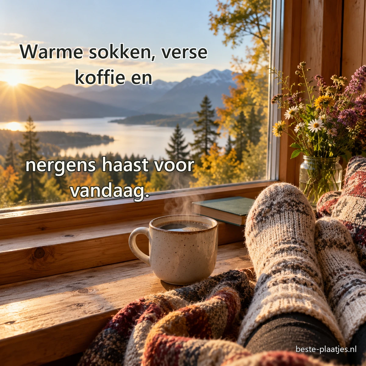 Voeten in wollen sokken rusten bij een mok koffie op een houten vensterbank.