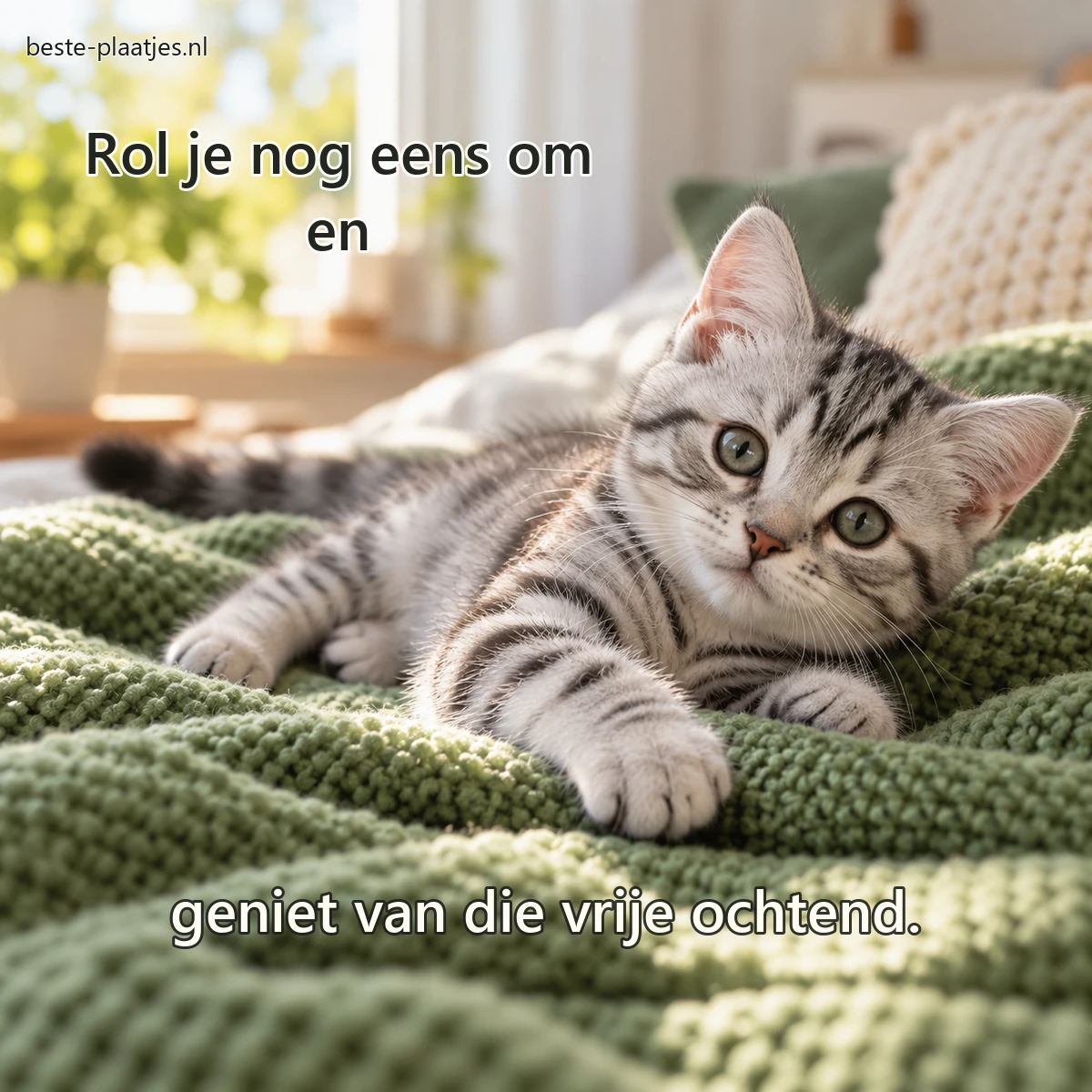 Een zilvergrijs kitten ligt speels op een groen gebreid kleed.