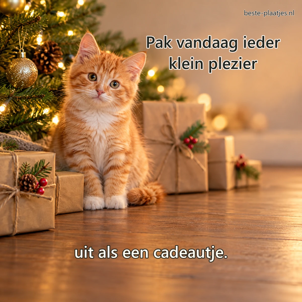 Een oranje kitten zit tussen kraftpapieren cadeautjes bij warme kerstlichtjes.