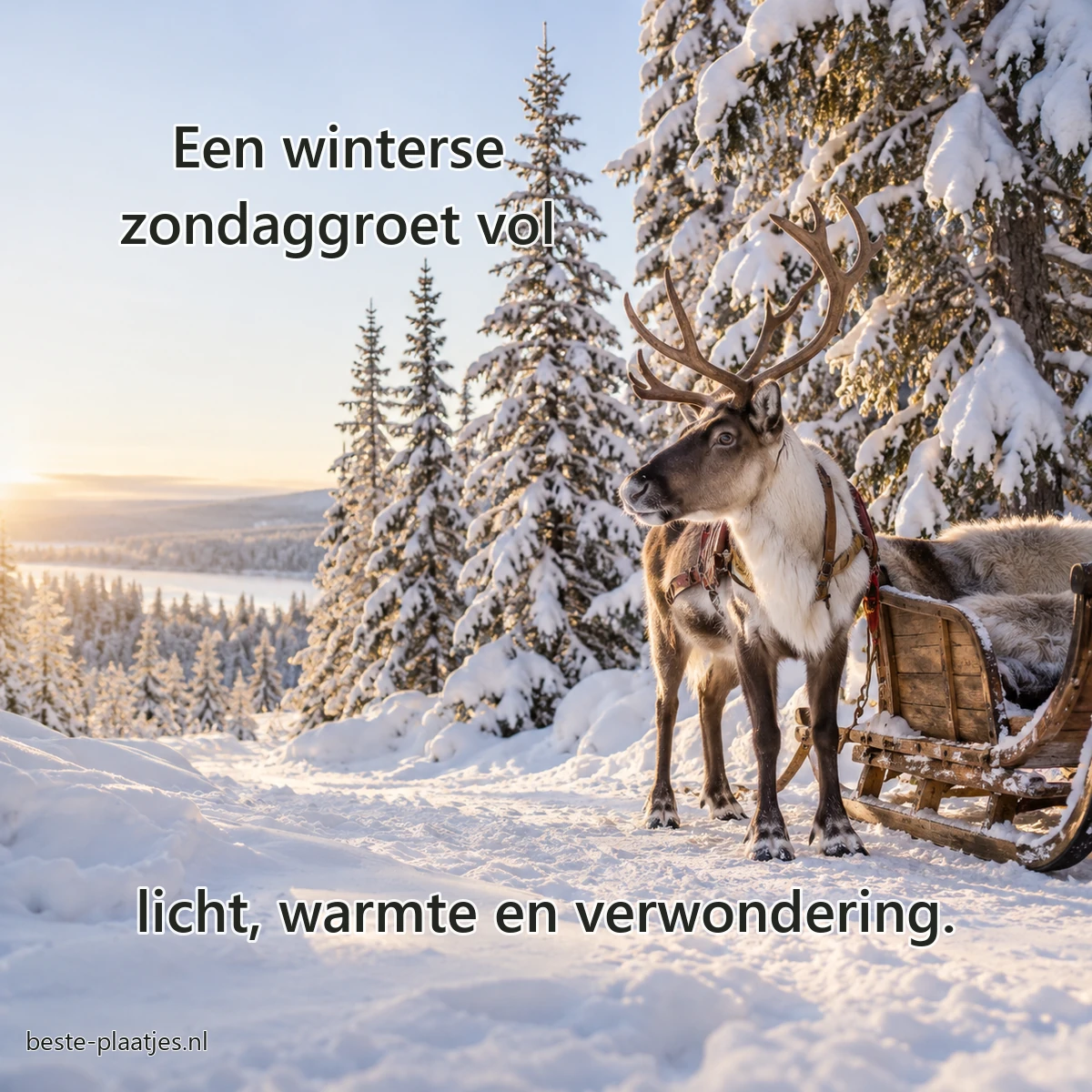 Een rendier staat bij een houten slee en sparrenbomen in verse sneeuw.