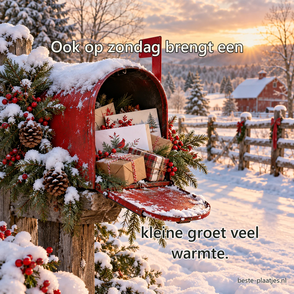 Een rode landelijke brievenbus bevat wintergroen, kaarten en kleine ingepakte pakjes.