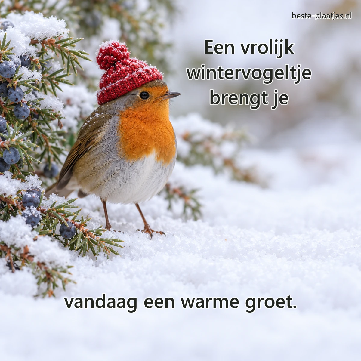 Een roodborstje met klein wollen mutsje staat in zachte sneeuw bij jeneverbessen.