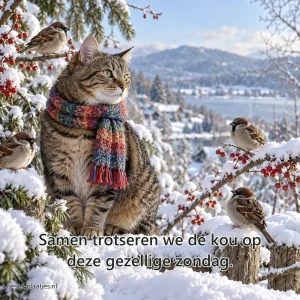 Een cyperse kat met gebreide sjaal zit tussen mussen op besneeuwde takken.