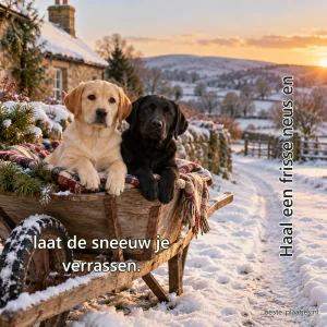 Twee jonge labradors zitten in een houten kruiwagen langs een besneeuwd pad.