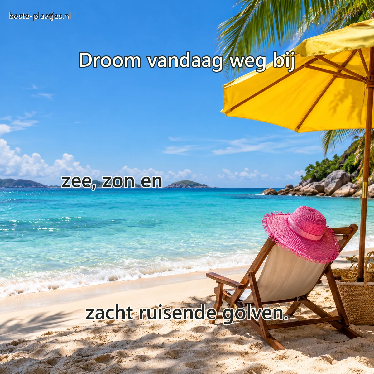 Een lege strandstoel onder een gele parasol kijkt uit over een turquoise zee.