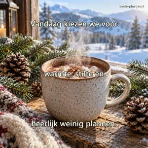 Een gespikkelde mok warme chocolademelk staat tussen dennentakken en dennenappels.