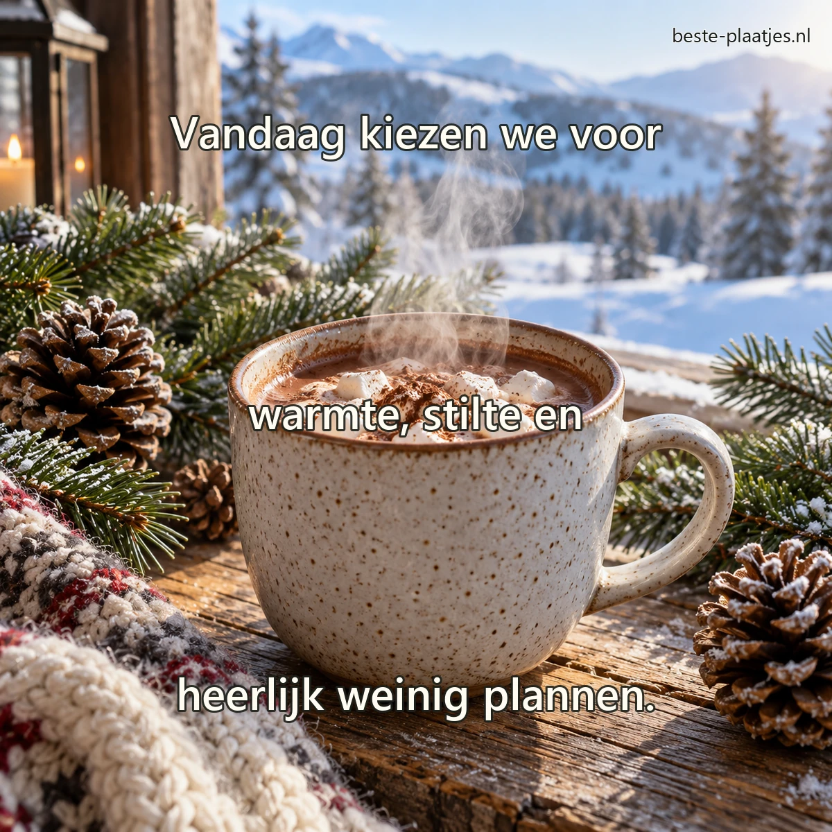 Een gespikkelde mok warme chocolademelk staat tussen dennentakken en dennenappels.