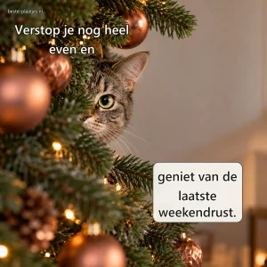 Een grijze tabbykat gluurt tussen dennentakken en koperkleurige kerstballen.
