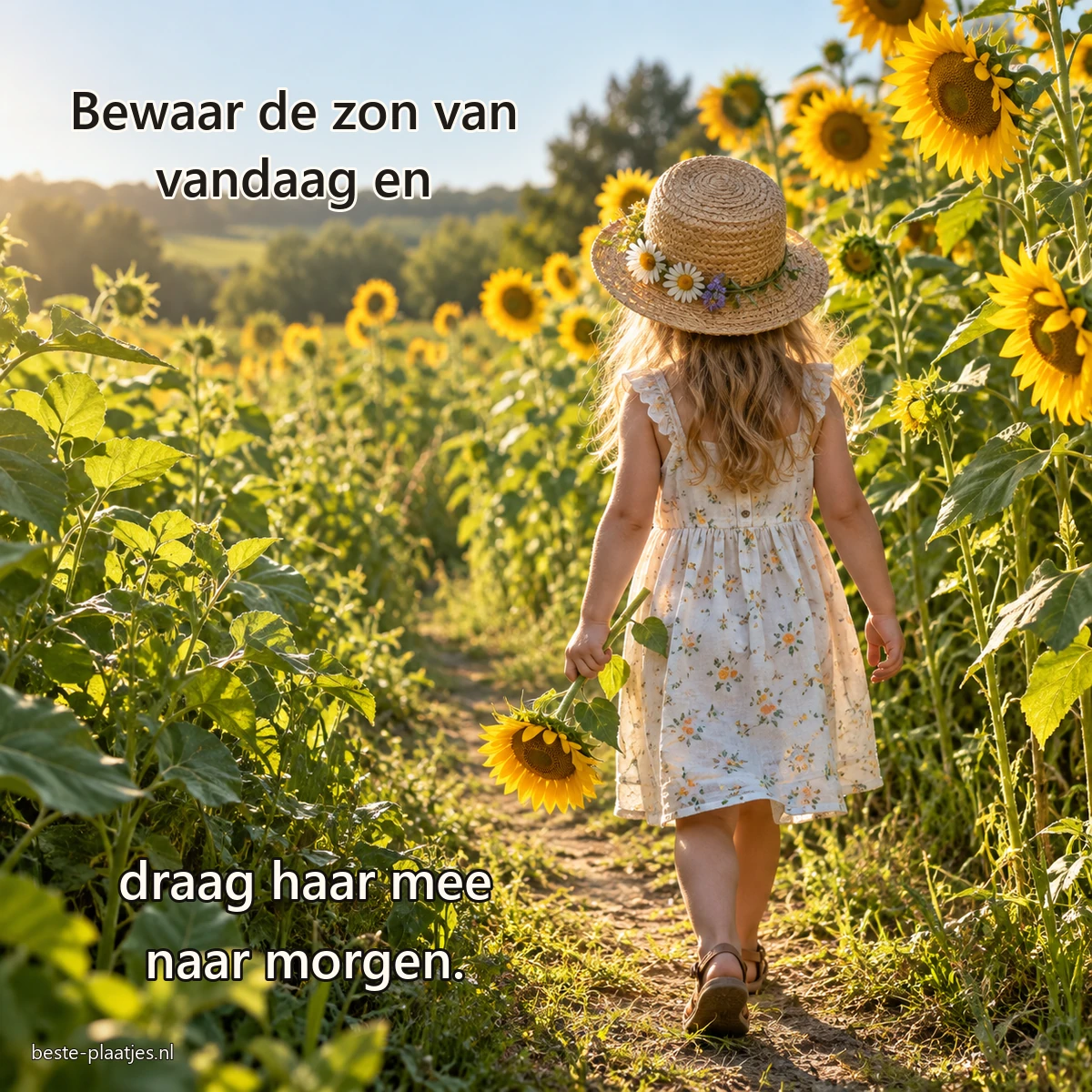 Een kind met bloemenhoed loopt van achteren gezien tussen hoge zonnebloemen.