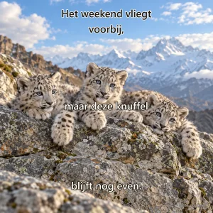 Drie jonge sneeuwluipaarden liggen met hun poten over een brede rotsrand.