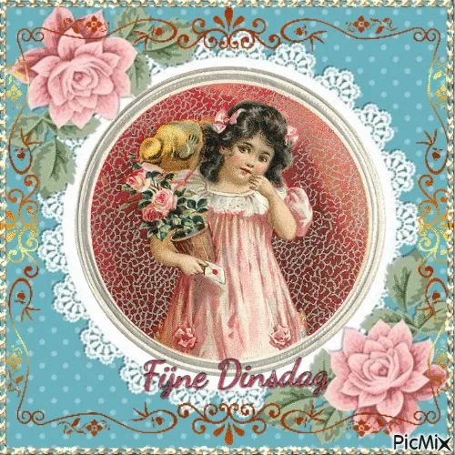 Meisje in roze jurk met bloemen, opgemaakte achtergrond en tekst 'Fijne Dinsdag'.