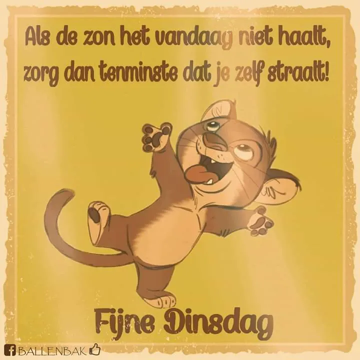 Leuke illustratie van een lachende kat met een positieve boodschap voor dinsdag.