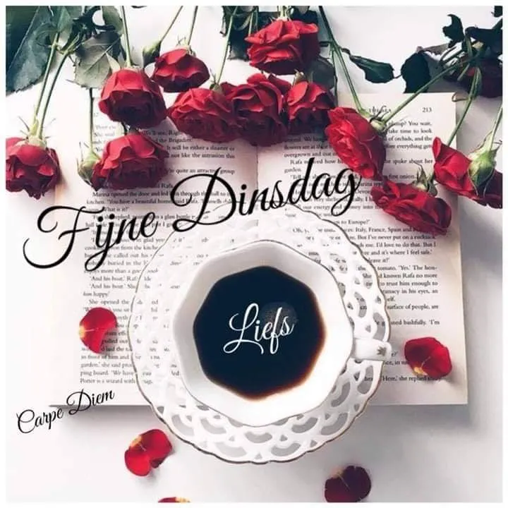 Zwarte koffie in een fijn servies, omringd door rode rozen en een open boek.