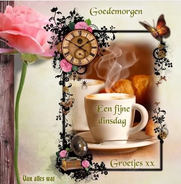 Kopje koffie met stoom, rozen en een klok in een versierde lijst. Groet voor dinsdag.
