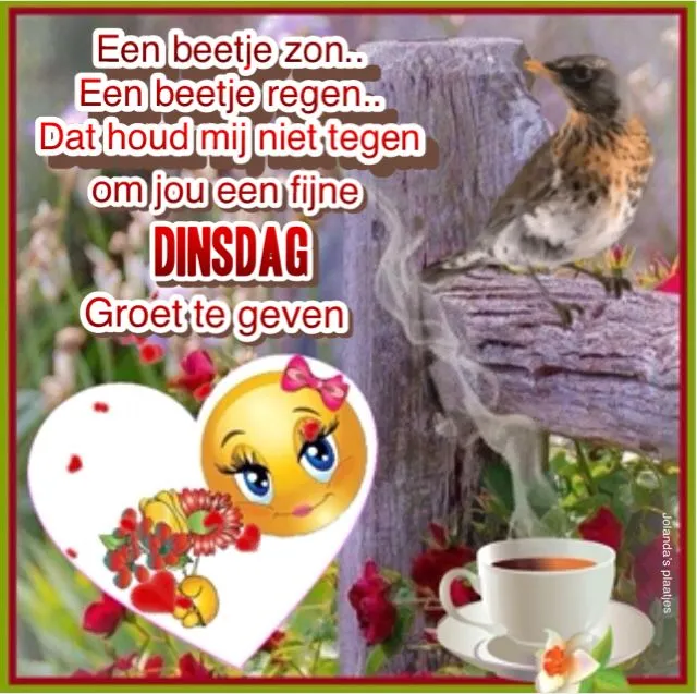 Een lieve tekst met een vogel, hart en bloemen voor dinsdag.