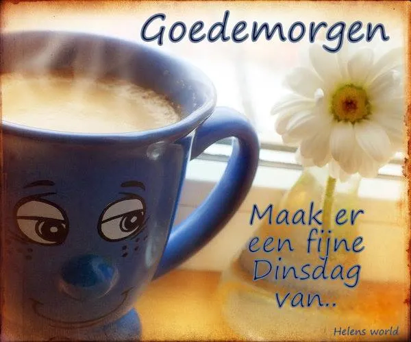 Blauwe mok met een lach, hortensia en de tekst "Goedemorgen, Maak er een fijne Dinsdag van."