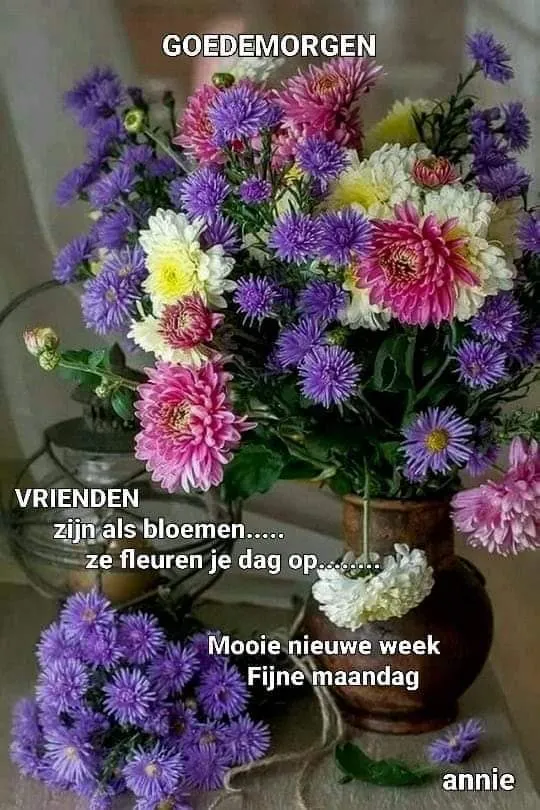Fijne maandag bloemen 13 Een kleurrijke bloemenboeket in een vaas met een vrolijke boodschap.