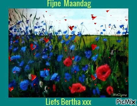Fijne maandag bloemen 17 Een veld met blauwe en rode bloemen, met de tekst "Fijne Maandag" en hartjes.