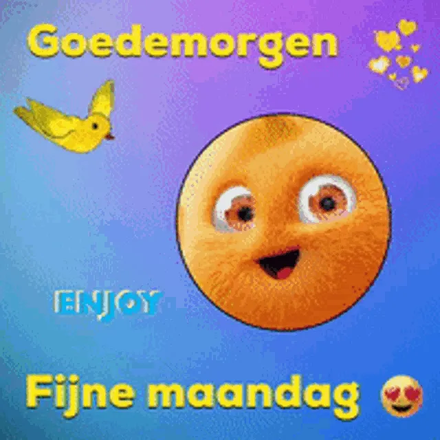 Animerende afbeelding met een vrolijk gezicht en de tekst "Goedemorgen, fijne maandag".