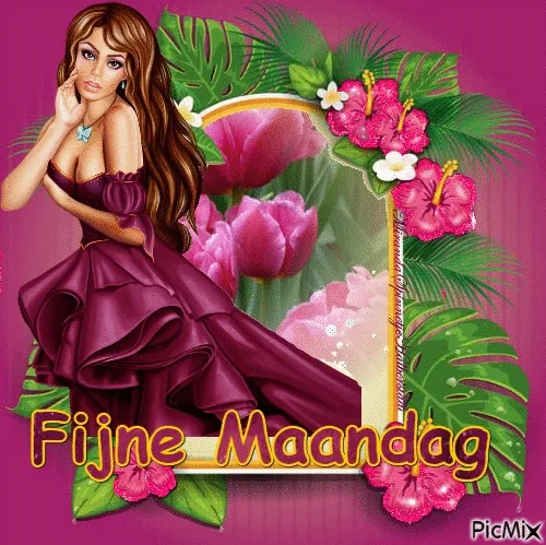 Een vrouw in een rode jurk met bloemen en bladeren op de achtergrond. "Fijne Maandag".