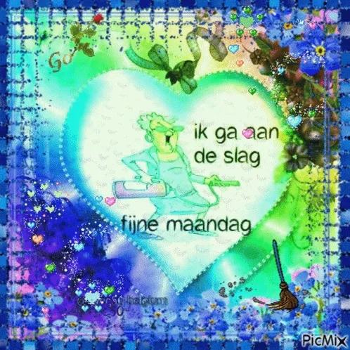 Een kleurrijke afbeelding met de tekst: "ik ga aan de slag, fijne maandag."