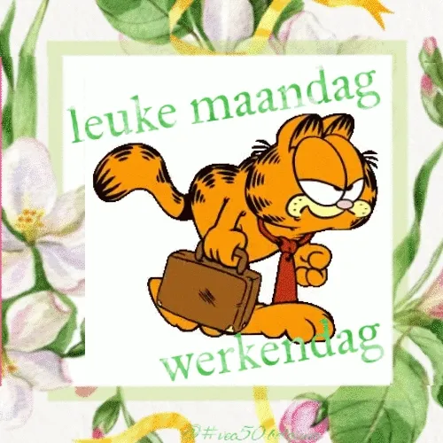 Een cartoonvan een kat met een koffertje, met de tekst 'leuke maandag' en 'werkdag'.