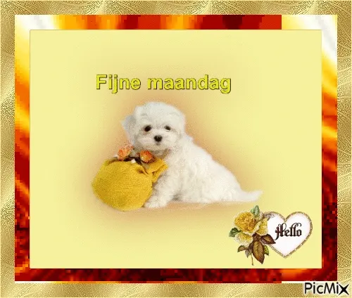 Witte puppy met een tas, met de tekst "Fijne maandag" op een gele achtergrond.