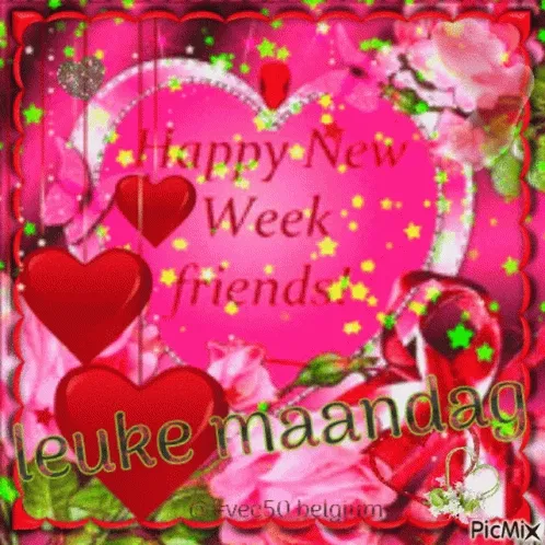 Donkere achtergrond met rozen en hartjes, tekst "Leuke maandag" en "Happy New Week, friends".