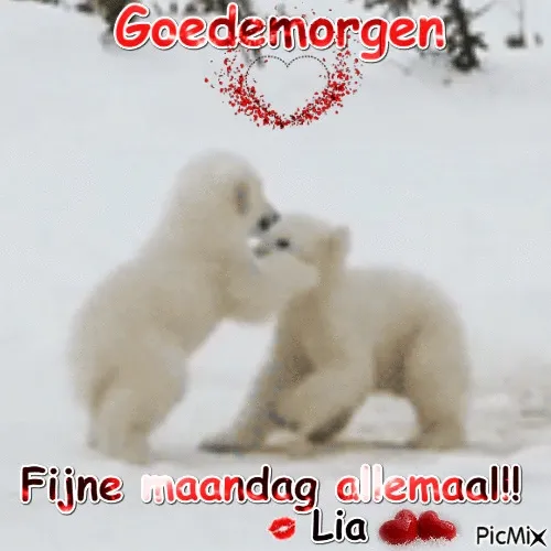 Twee schattige ijsberen spelen in de sneeuw. Goede morgen boodschap erboven.