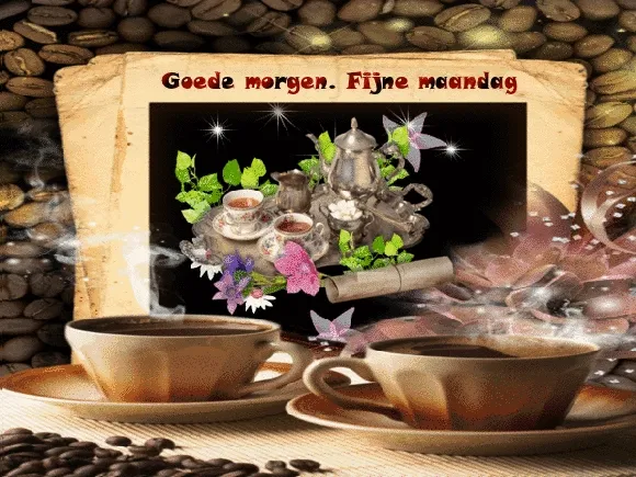 Twee kopjes koffie met een decor van bloemen en een teapot. Tekst: "Goede morgen. Fijne maandag."