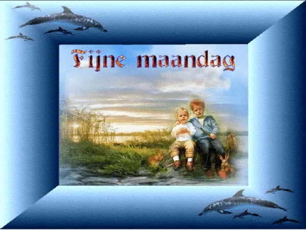 Kinderen zittend op een bankje met de tekst "Fijne maandag" eromheen.