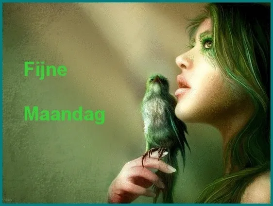 Vrouw met groene accenten kijkt naar een groen vogeltje. Tekst: "Fijne Maandag".