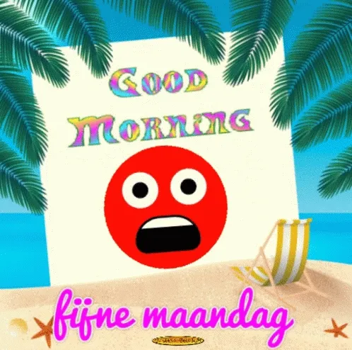 Zonovergoten strand met een vrolijke rode emoticon en de tekst "Fijne maandag".