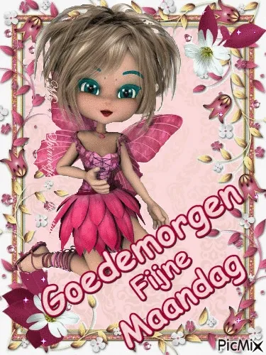 Illustratie van een vrolijke fee met bloemen en de tekst "Goedemorgen Fijne Maandag".