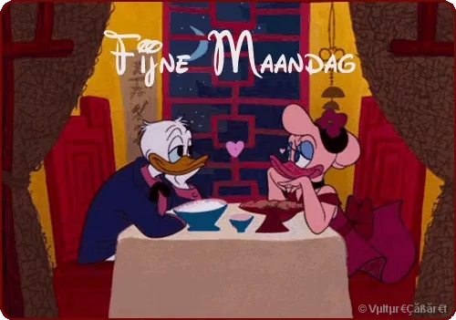 Donald Duck en Daisy zitten samen aan een tafel met een dessert.