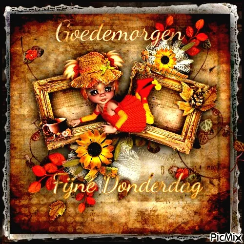 Een schattige pop met zonnebloemen en een herfstdecoratie. Tekst: Goedemorgen, fijne donderdag.