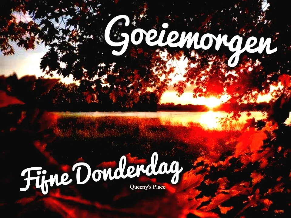 Zonsopgang boven water met de tekst "Goeiemorgen" en "Fijne Donderdag".