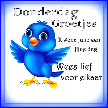 Blauwe vogel met brede vleugels en vriendelijke tekst over een fijne dag.