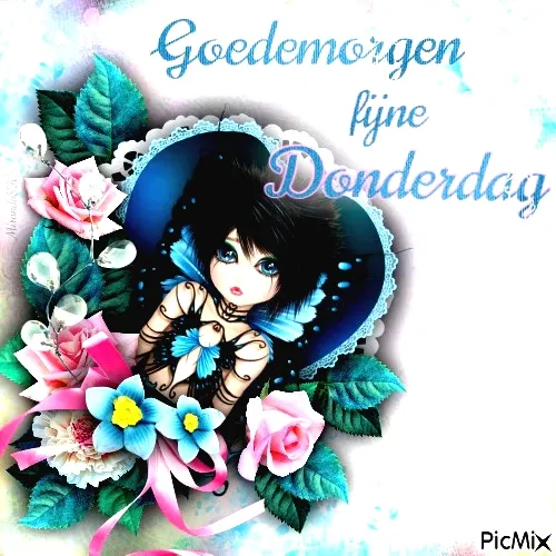 Een geïllustreerde pop met bloemen en een tekst "Goedemorgen fijne Donderdag".