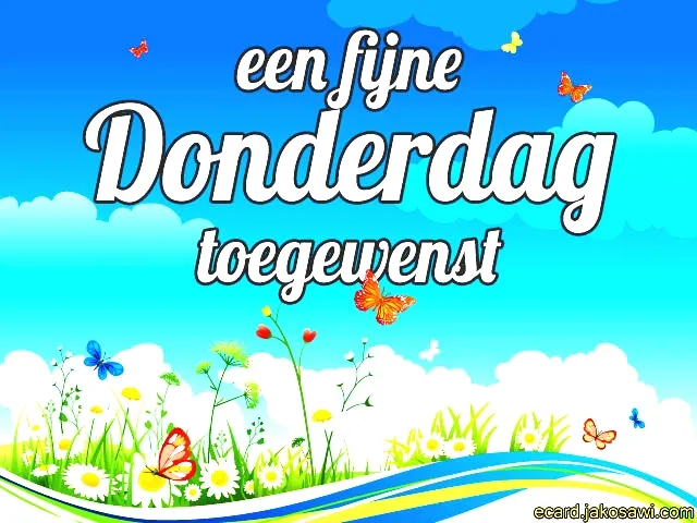 Eenvoudige tekening met tekst die een fijne donderdag wenst, bloemen en vlinders.