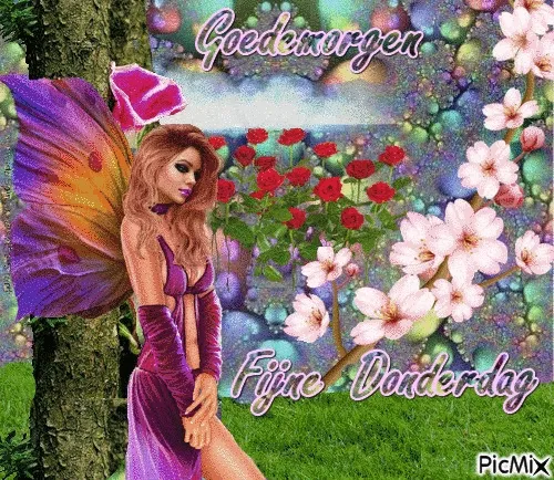 fijne donderdag gif - Vrouw met vlinderachtige vleugels in kleurrijke achtergrond met bloemen en tekst.